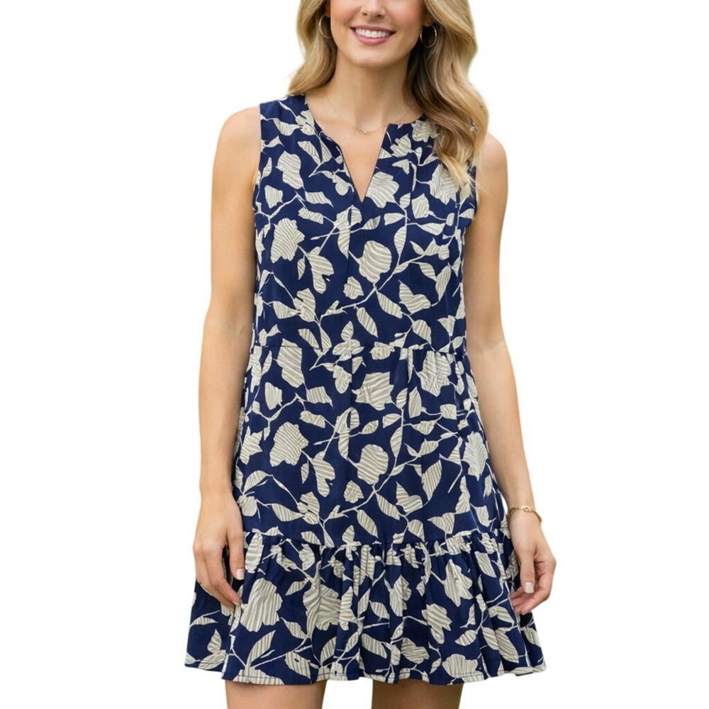 Anna Maria Paletti Navy Blue Tan Leaf Print Ruffle Hem Dress Made in Italy 38